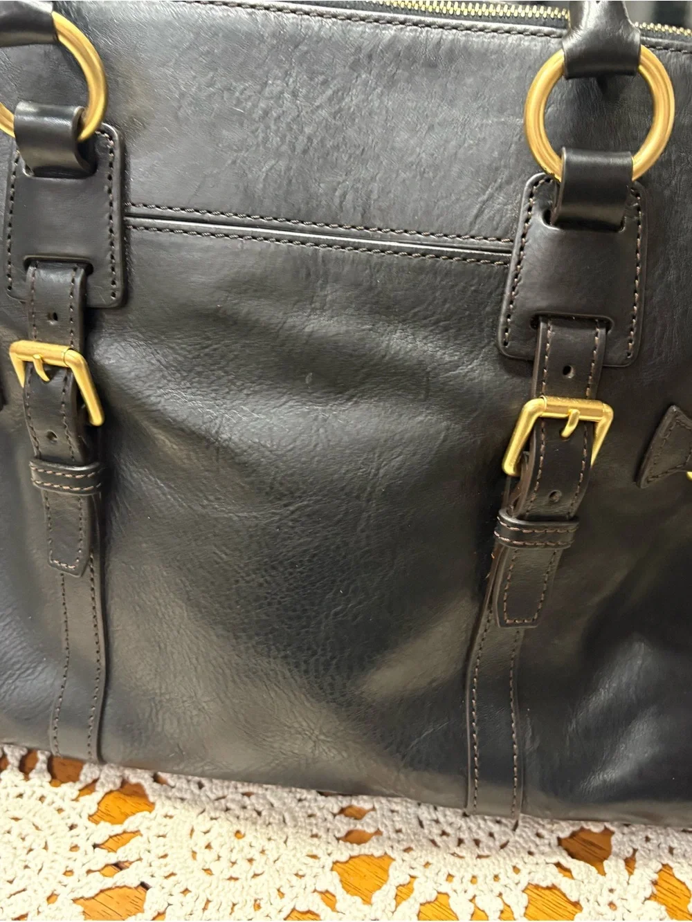 Dooney & Bourke Large Black Florentine Leather Satchel Tassel Bag Gold Hardware